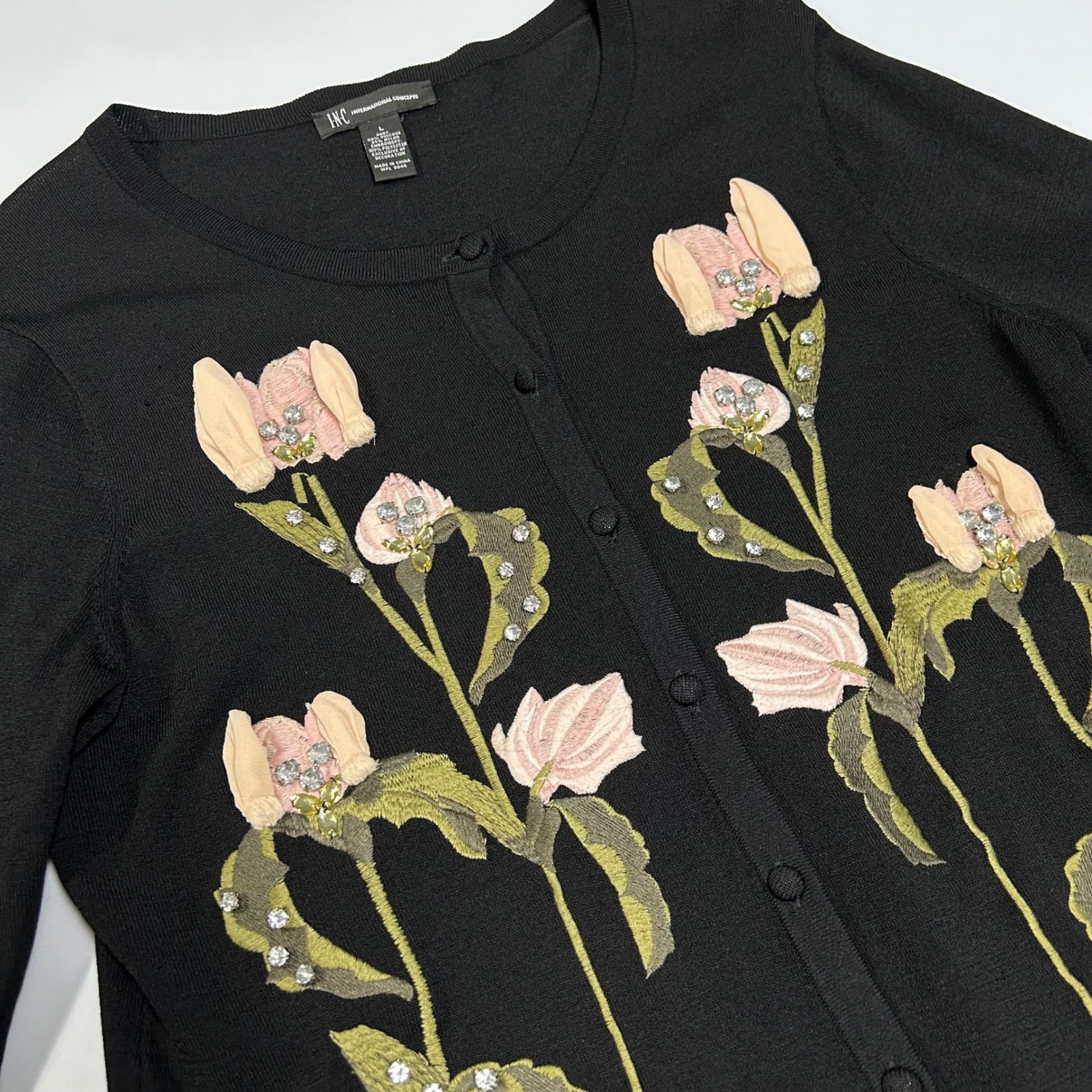 Inc 3d Floral Cardigan Sweater Size L Rhinestones Embroidered Whimsygoth Black